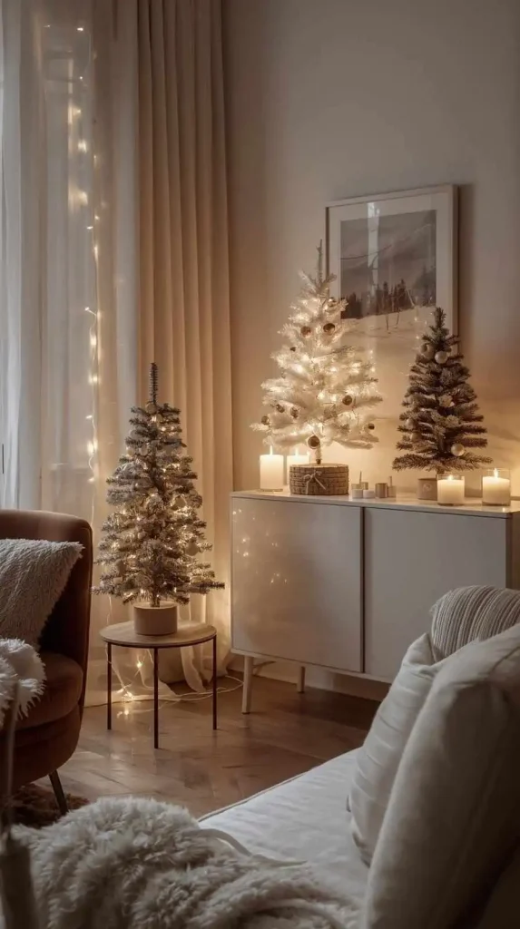  Mini Christmas Trees on Side Tables