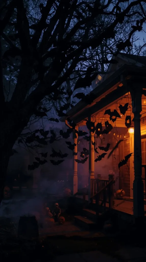 Halloween bats hanging from trees and porch ceilings glowing LED lights nearby subtle fog small pumpkins and skeleton hands around night scene