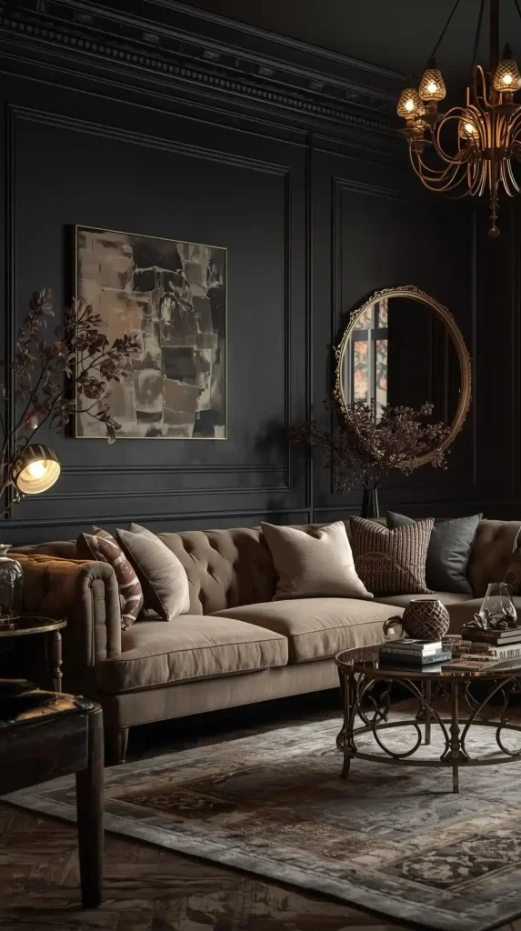 25 Dark Home Decor Aesthetic | Stylish & Cozy Ideas for 2025 2 Charcoal Living Room with Gold Details