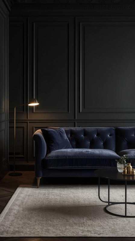 Charcoal Living Room with Velvet Sofas