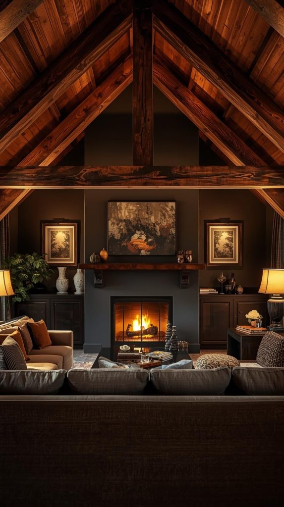 20 Dark Home Decor Ideas with Natural Materials for a Cozy & Stylish Home 2 Charcoal Walls & Wooden Beams