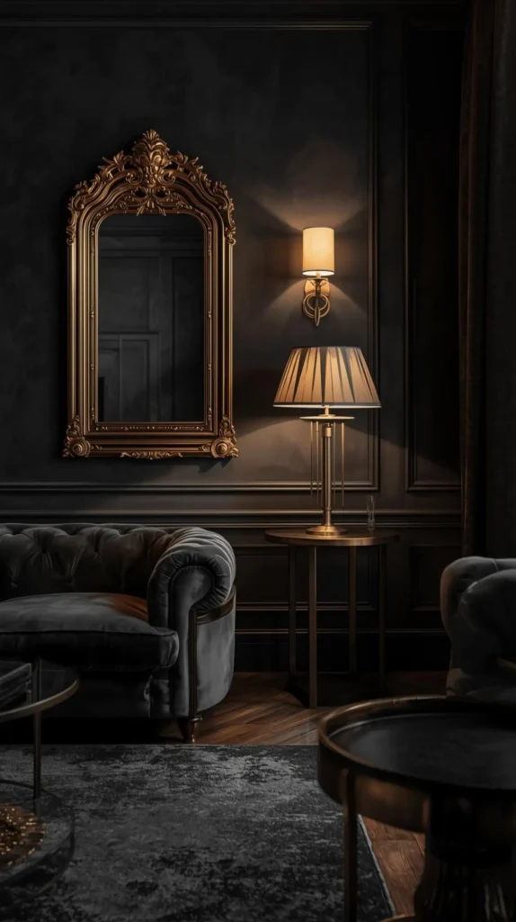 30 Dark Home Decor Ideas for a Bold & Modern Aesthetic 2 Charcoal Walls with Gold Accents