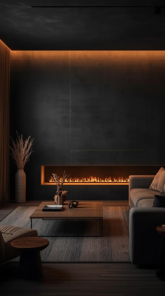 Deep Charcoal Accent Wall with Warm Lighting