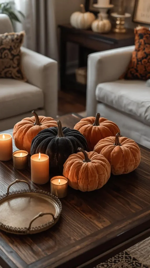 Velvet Pumpkins on Coffee Table