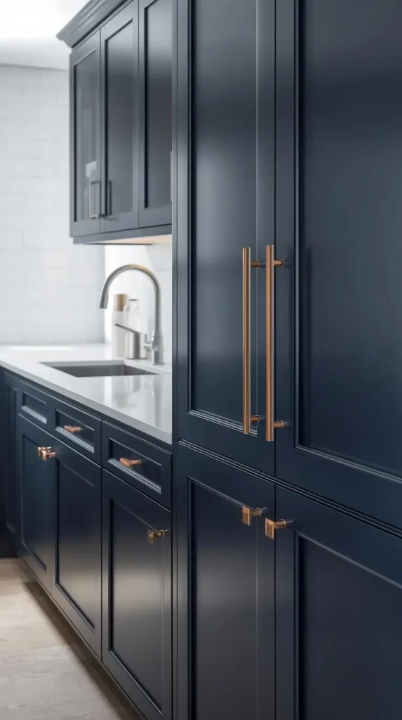 20 Dark Home Decor Ideas with Pops of Color – Stylish, Vibrant & Cozy Spaces 11 Navy Kitchen Cabinets with Copper Hardware