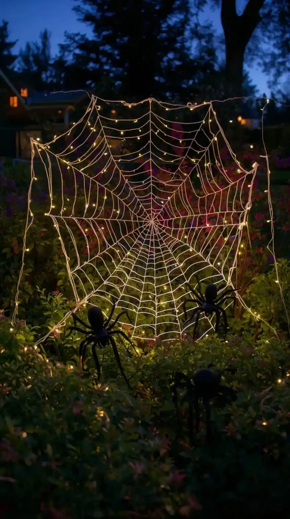 27 Best Halloween Home Decor Outdoor DIY Ideas for 2025 11 Solar-Lit Spiderweb Net