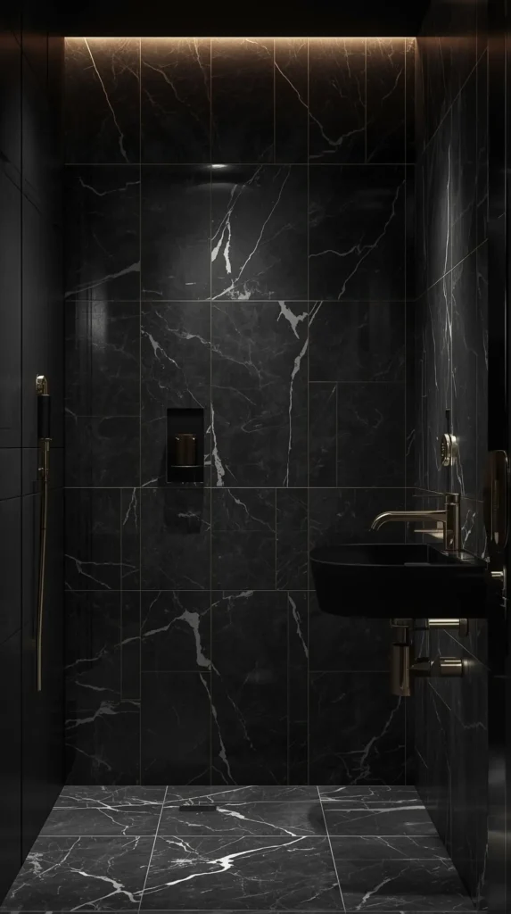 30 Dark Home Decor Ideas for a Bold & Modern Aesthetic 12 Black and Brass Bathroom Fixtures.webp