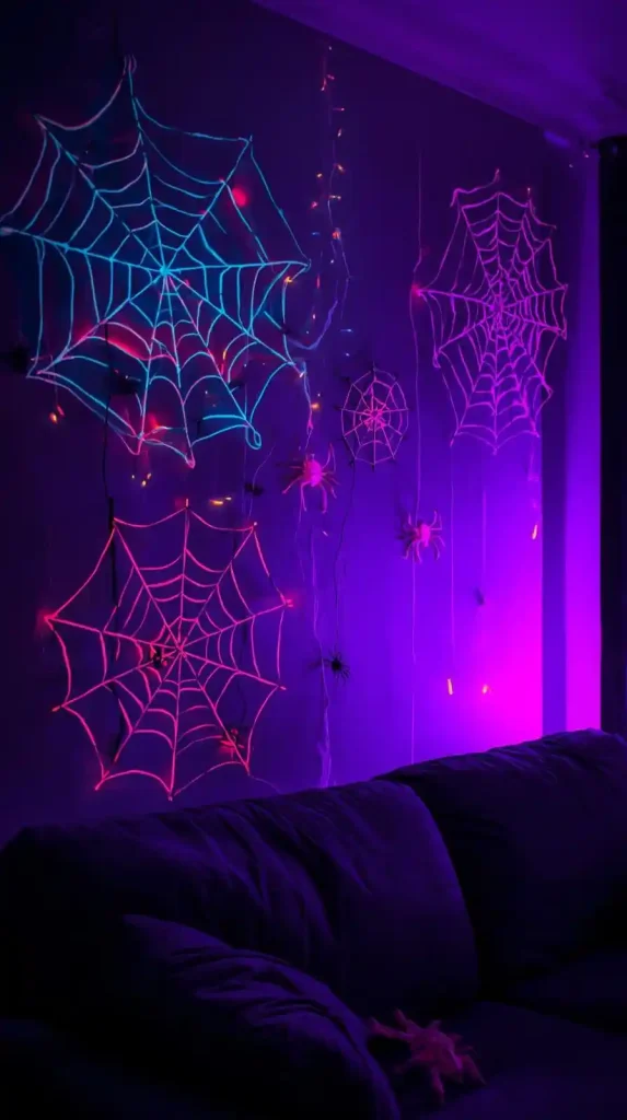 17 Iconic 2000s Halloween Home Decor Ideas for a Retro-Spooky Comeback 12 Neon Spider Web Wall Art