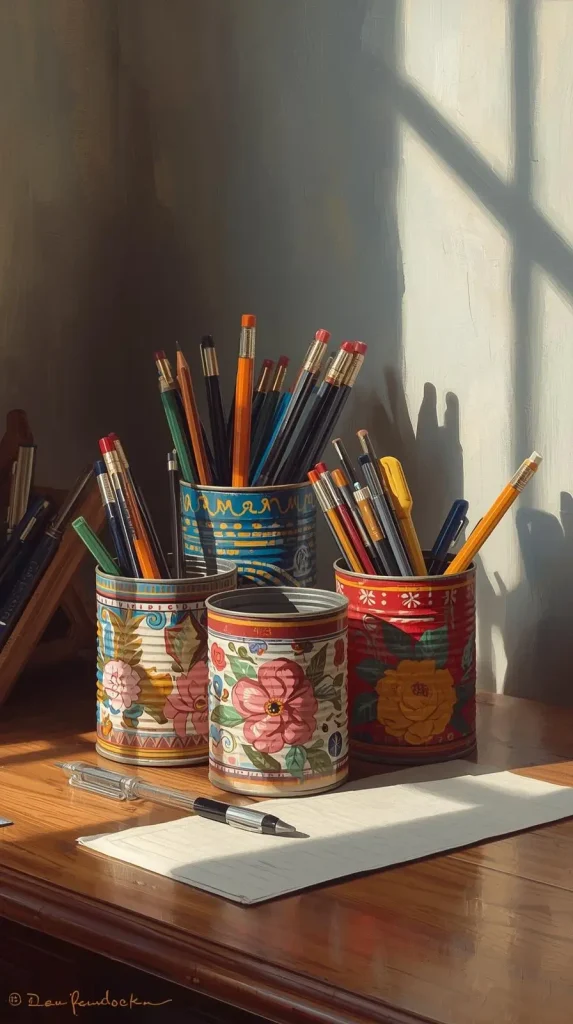 23 Cheap DIY Home Decor Ideas – Stylish & Budget-Friendly Projects 12 Reused Tin Can Organizers.webp