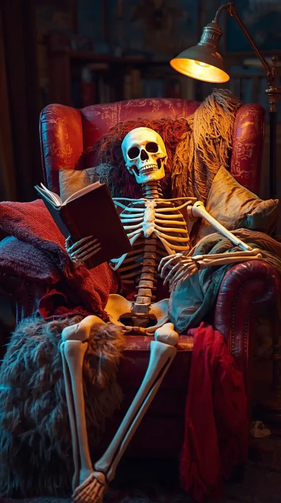 59 Halloween Home Decor Indoor Ideas – Transform Your Space into a Spooky Haven 12 Skeleton Reading Book