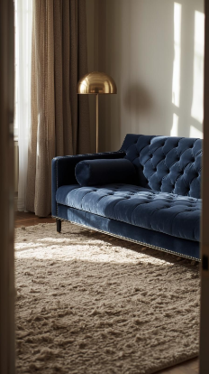 20 Dark Home Decor Ideas for Small Spaces | Cozy & Elegant Style 13 Dark Blue Sofa in Neutral Living Space.webp