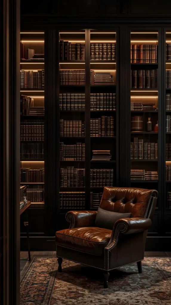 30 Dark Home Decor Ideas for a Bold & Modern Aesthetic 13 Dark Bookshelves with Accent Lighting