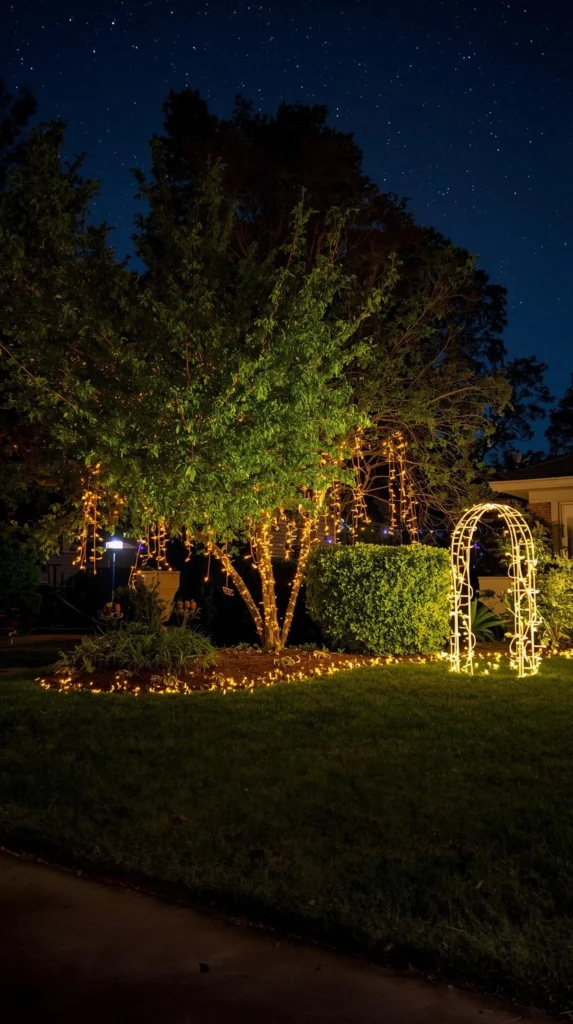 30 Best Christmas Home Decor outdoor Ideas for a Festive Look 13 Twinkling Fairy Lights on Trees and Bushes