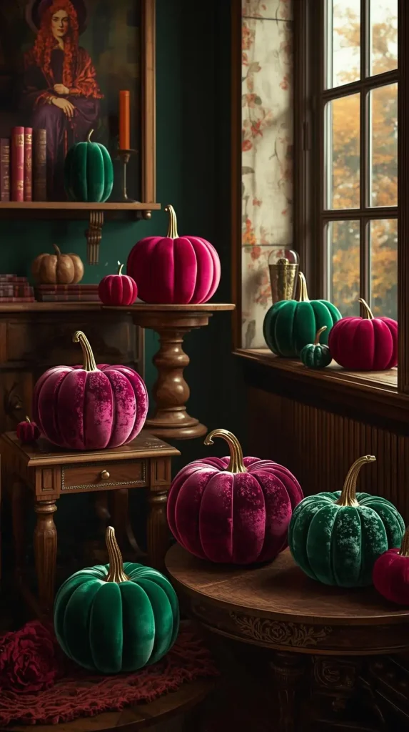 59 Halloween Home Decor Indoor Ideas – Transform Your Space into a Spooky Haven 13 Velvet Pumpkins