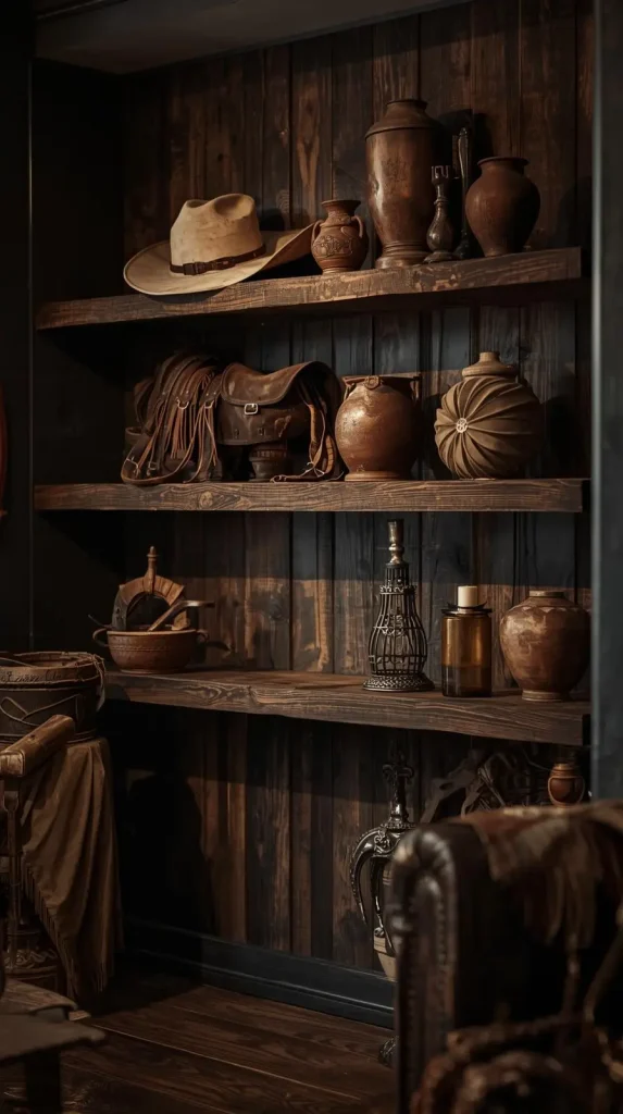 Western-Inspired Shelving with Rustic Items