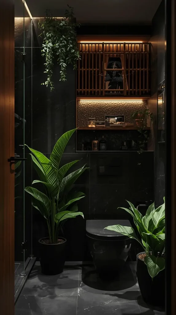 20 Dark Home Decor Ideas with Pops of Color – Stylish, Vibrant & Cozy Spaces 14 Charcoal Bathroom with Green Plants