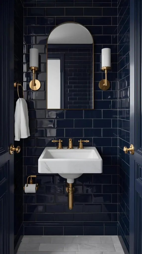 25 Dark Home Decor Aesthetic | Stylish & Cozy Ideas for 2025 14 Moody Bathroom with Navy Tiles and Brass Fixtures