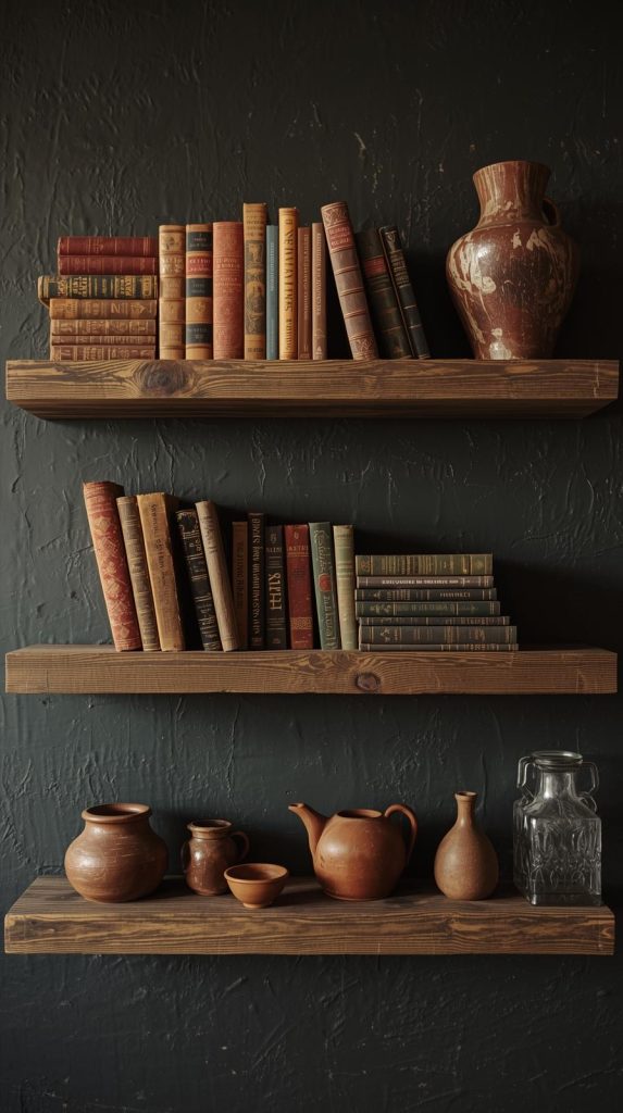 20 Dark Home Decor Ideas with Natural Materials for a Cozy & Stylish Home 14 Reclaimed Wood Shelving
