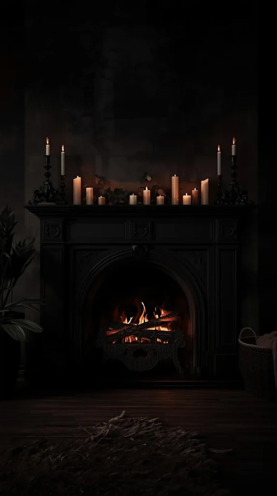 14. Black Fireplace Mantel with Candle Decor