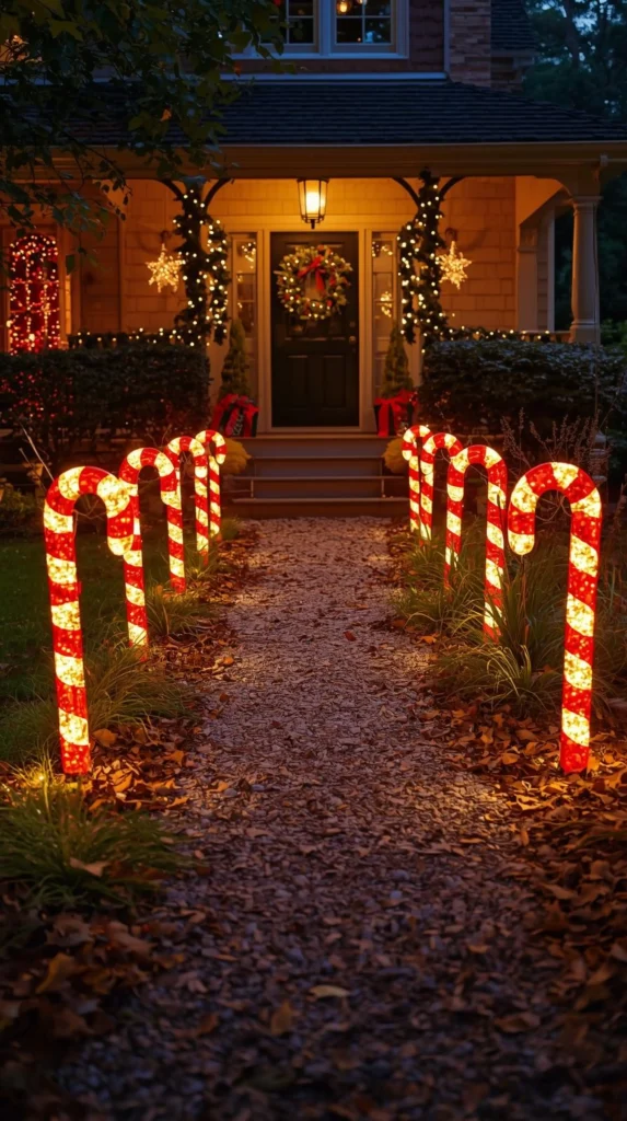 30 Best Christmas Home Decor outdoor Ideas for a Festive Look 15 Candy Cane Pathway Lights for Sweet Holiday Vibes