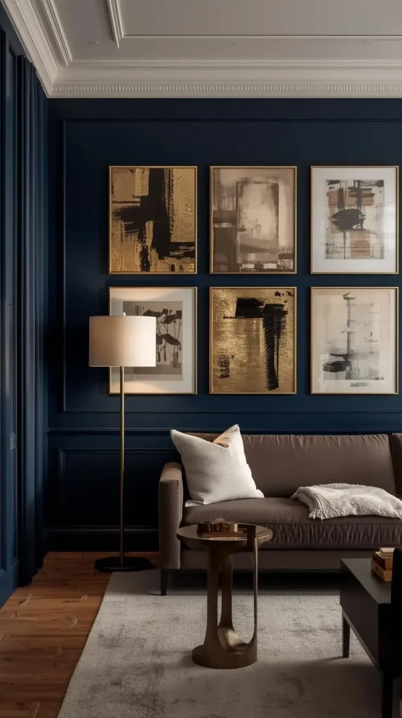 20 Dark Home Decor Ideas with Pops of Color – Stylish, Vibrant & Cozy Spaces 15 Deep Blue Accent Wall with Gold Frames