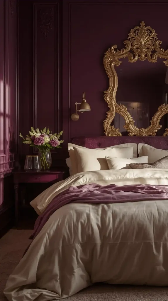 25 Dark Home Decor Aesthetic | Stylish & Cozy Ideas for 2025 15 Deep Plum Bedroom with Cream Accents