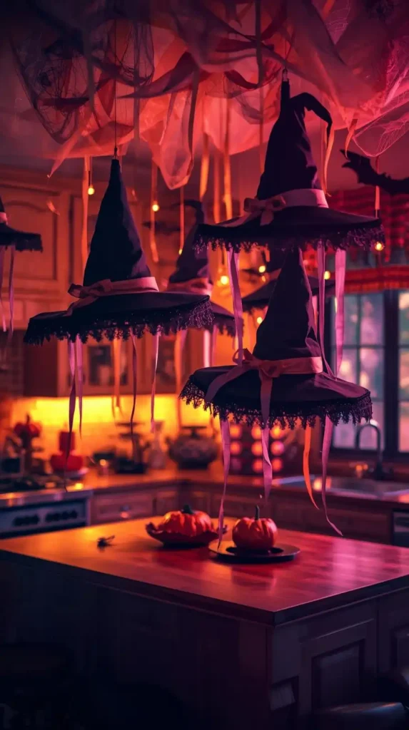 23 Best Halloween Home Decor Kitchen Ideas for a Spooky-Chic 2025 15 Witch Hat Hanging Display