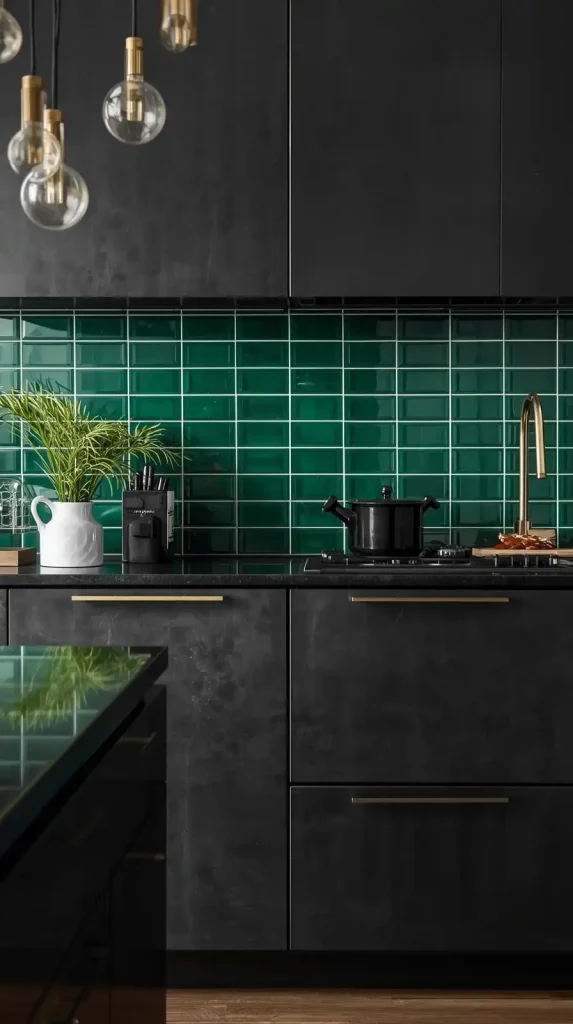 25 Dark Home Decor Aesthetic | Stylish & Cozy Ideas for 2025 16 Black Kitchen with Emerald Backsplash