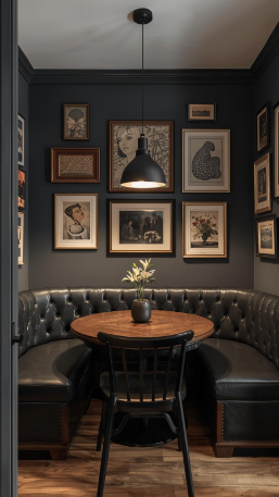20 Dark Home Decor Ideas for Small Spaces | Cozy & Elegant Style 16 Charcoal Dining Nook with Wall Art