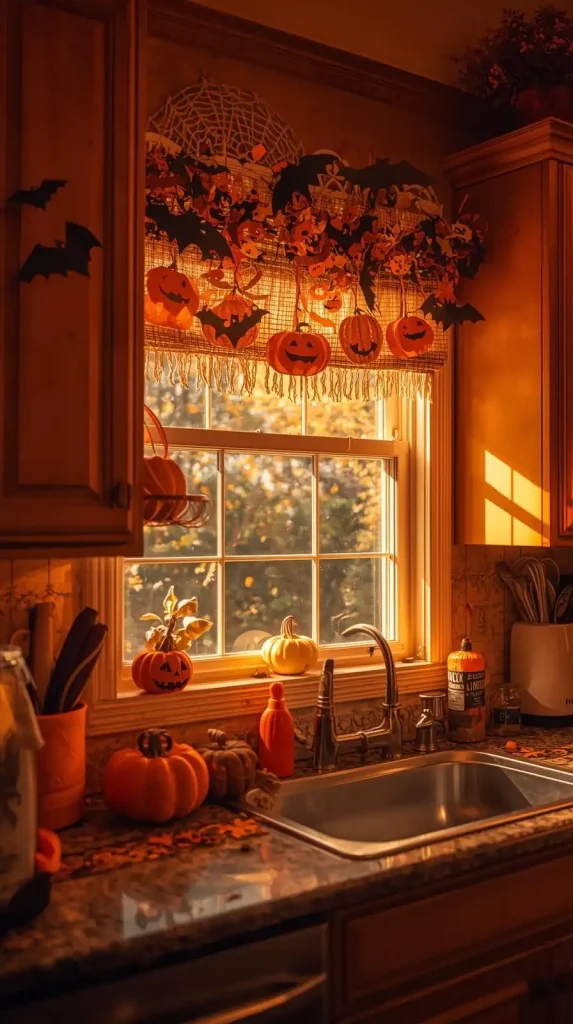 23 Best Halloween Home Decor Kitchen Ideas for a Spooky-Chic 2025 16 Halloween Garland & Bunting Along Cabinets