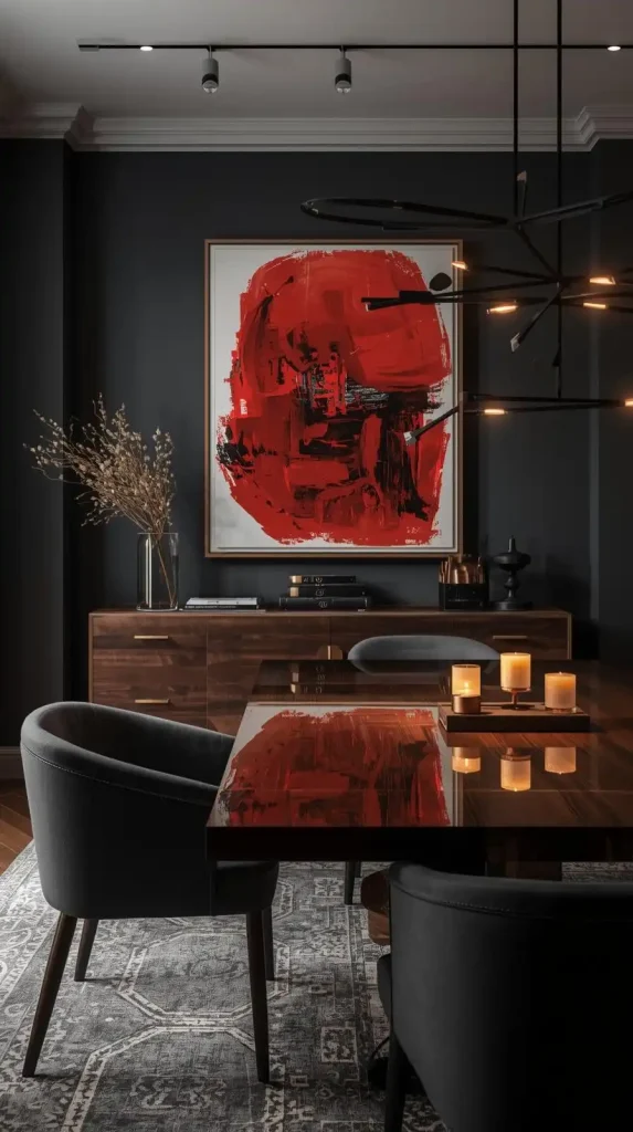 25 Dark Home Decor Aesthetic | Stylish & Cozy Ideas for 2025 17 Charcoal Dining Space with Red Artwork