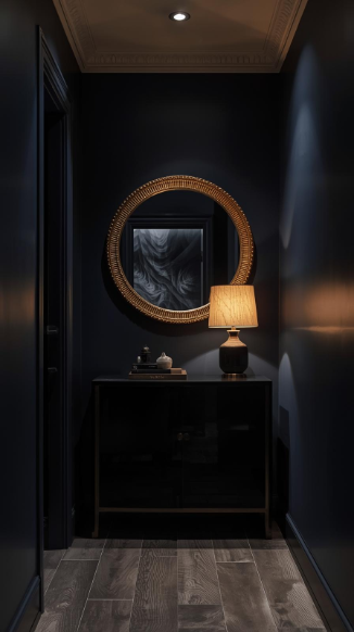 20 Dark Home Decor Ideas for Small Spaces | Cozy & Elegant Style 17 Dark Hallway with Statement Mirror