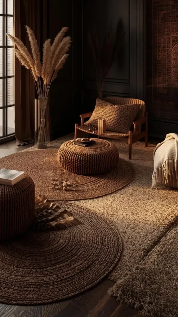 Layered Rugs in Dark and Neutral Tones