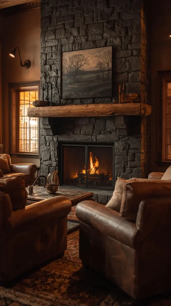 Rustic Fireplaces with Dark Stone or Metal Surrounds