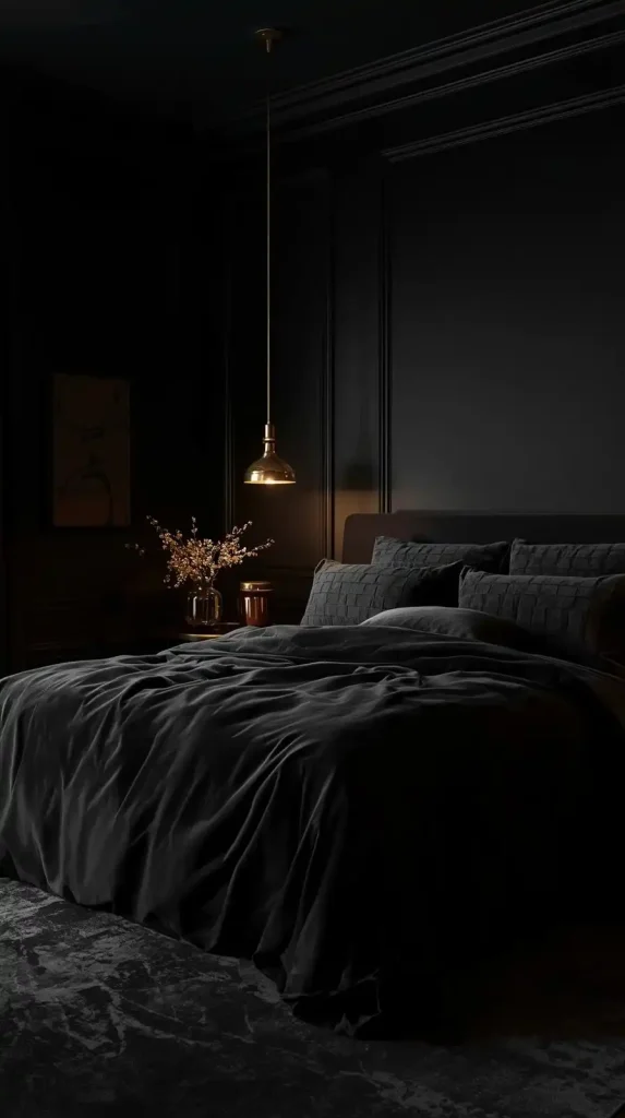 25 Dark Home Decor Aesthetic | Stylish & Cozy Ideas for 2025 18 Black Bedroom with Gold Lighting