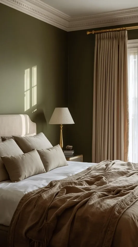 20 Dark Home Decor Ideas with Pops of Color – Stylish, Vibrant & Cozy Spaces 18 Olive Green Bedroom with Brass Lamps