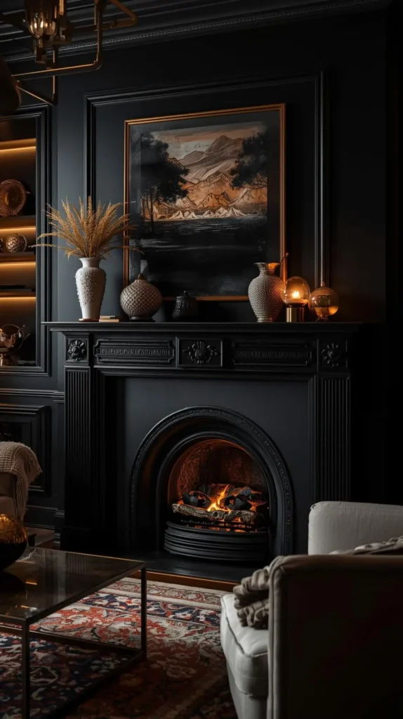 30 Dark Home Decor Ideas for a Bold & Modern Aesthetic 19 Black Fireplace Mantel for Classic Charm