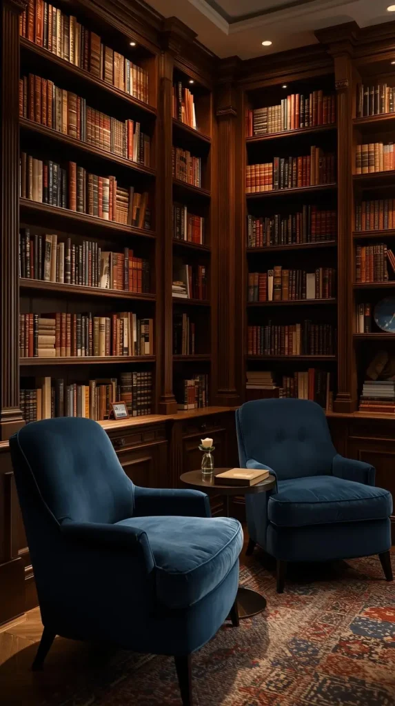 20 Dark Home Decor Ideas with Pops of Color – Stylish, Vibrant & Cozy Spaces 19 Dark Brown Library with Blue Armchairs