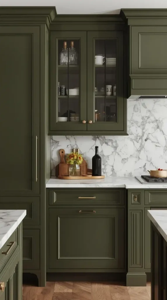 25 Dark Home Decor Aesthetic | Stylish & Cozy Ideas for 2025 19 Dark Olive Kitchen with Marble Countertops