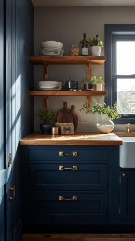 20 Dark Home Decor Ideas for Small Spaces | Cozy & Elegant Style 19 Navy Kitchen Walls with Open Window Light