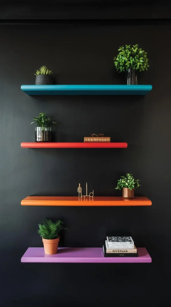 20 Dark Home Decor Ideas with Pops of Color – Stylish, Vibrant & Cozy Spaces 20 Black Feature Wall with Colorful Shelves