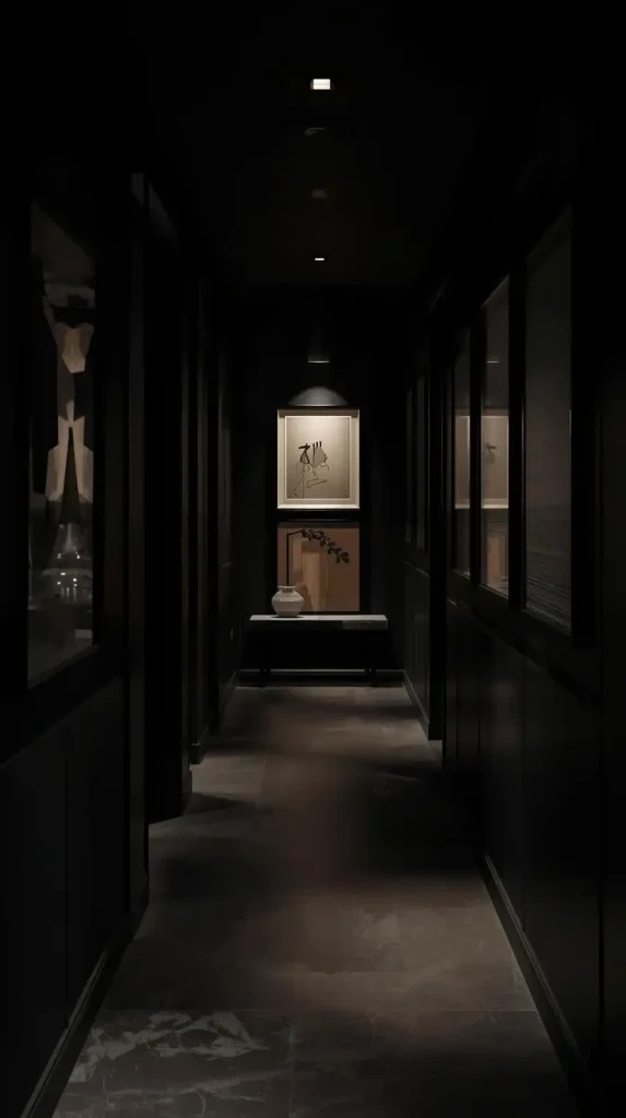 25 Dark Home Decor Aesthetic | Stylish & Cozy Ideas for 2025 20 Black Hallway with Minimalist Decor