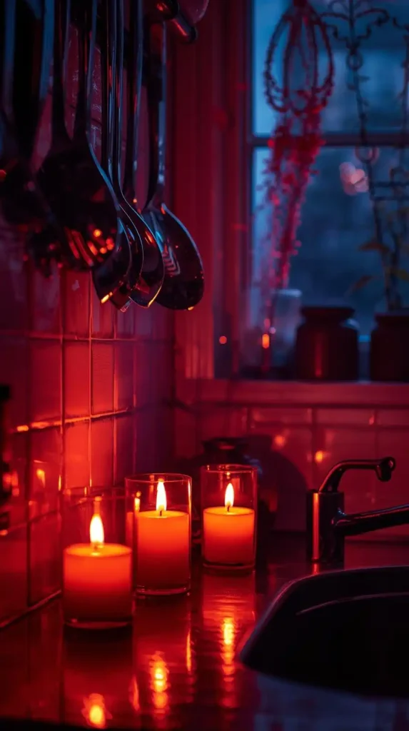 23 Best Halloween Home Decor Kitchen Ideas for a Spooky-Chic 2025 20 Eerie Lighting with LED Candles