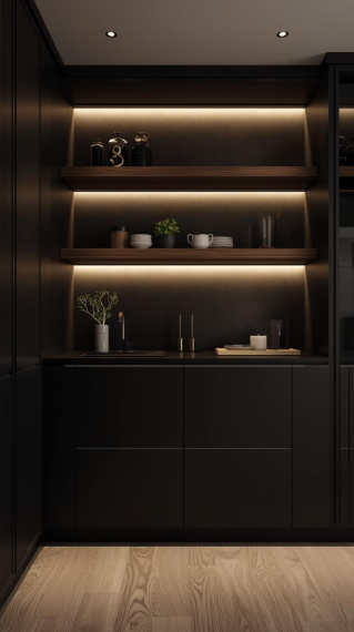 20 Dark Home Decor Ideas for Small Spaces | Cozy & Elegant Style 3 Black Kitchen with Open Shelving