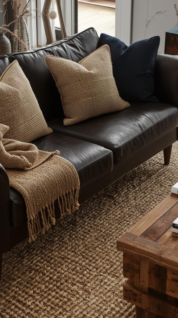 20 Dark Home Decor Ideas with Natural Materials for a Cozy & Stylish Home 3 Leather Sofa with Jute Cushions