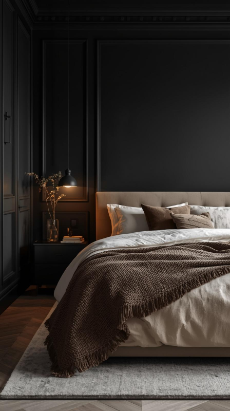 Matte Black Bedroom Walls with Beige Accents
