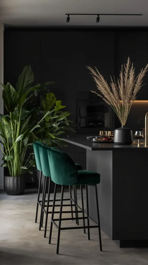20 Dark Home Decor Ideas with Pops of Color – Stylish, Vibrant & Cozy Spaces 3 Matte Black Kitchen with Emerald Green Stools
