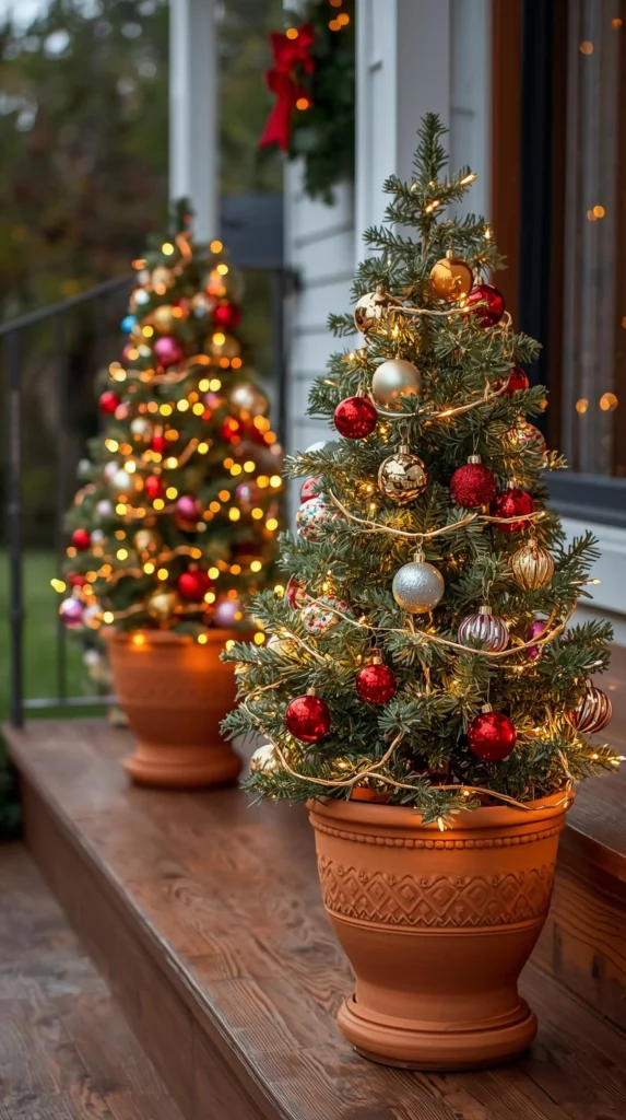 30 Best Christmas Home Decor outdoor Ideas for a Festive Look 3 Mini Christmas Trees on Steps for Outdoor Holiday Charm