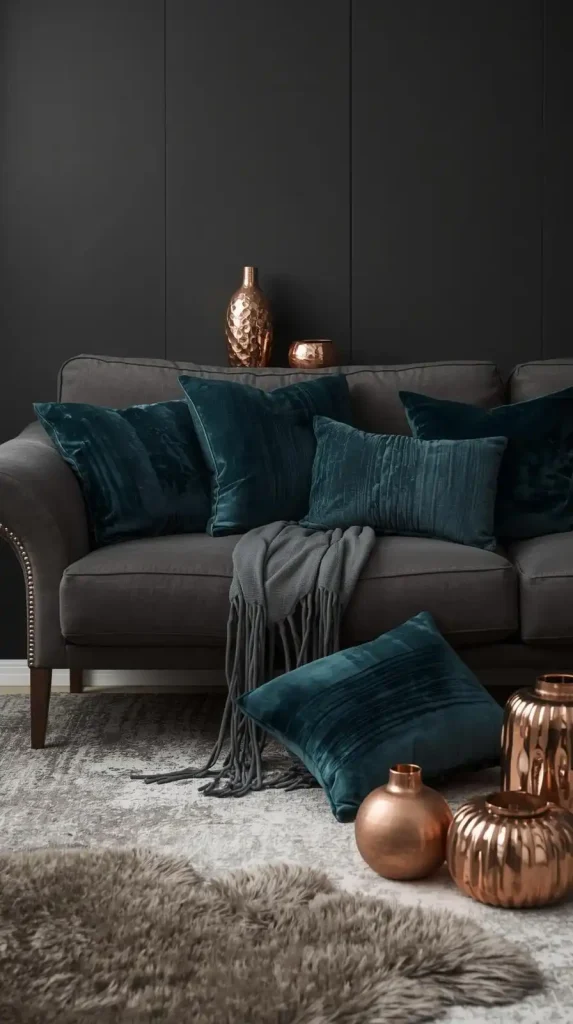 25 Dark Home Decor Aesthetic | Stylish & Cozy Ideas for 2025 21 Charcoal Living Area with Teal Accents