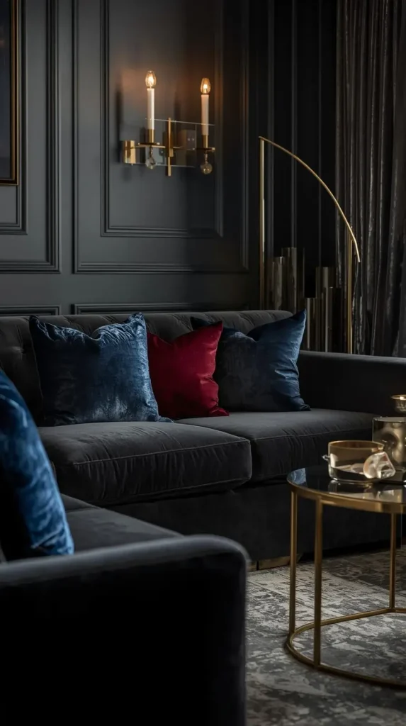 20 Dark Home Decor Ideas with Pops of Color – Stylish, Vibrant & Cozy Spaces 21 Charcoal Living Space with Jewel-Toned Decor